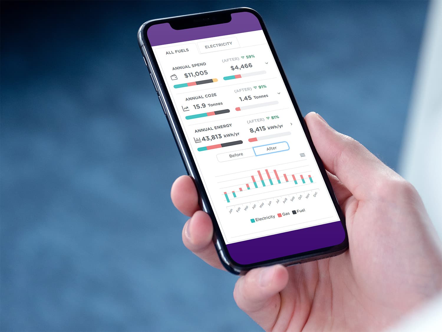 Energy monitoring and savings shown on a phone